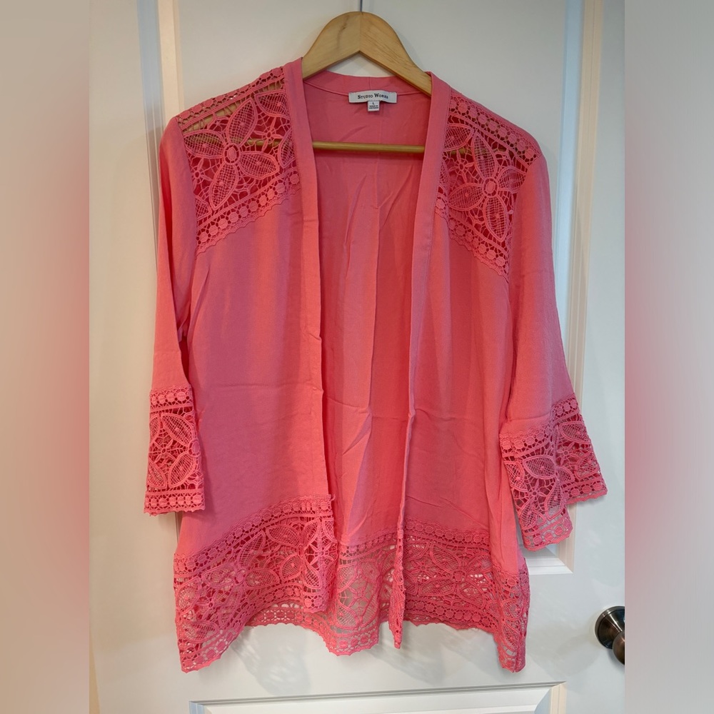 Studio Works Cardigan Shrug with lace & 3/4 sleeves Color Salmon Pink Size L